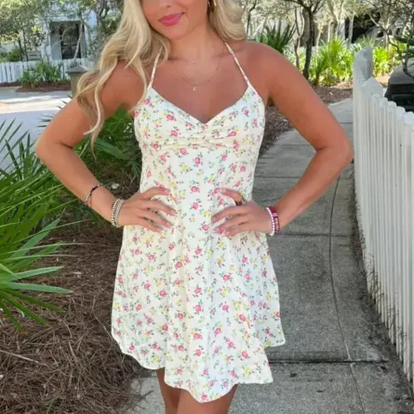 Zara Ditsy Floral Open Back  Mini Slip Dress Yellow Pink Rose NWOT Size Large - Picture 1 of 14